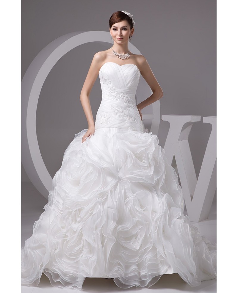 Charming White Organza Beaded Cascading Ruffles Wedding Dress with Train - Click Image to Close