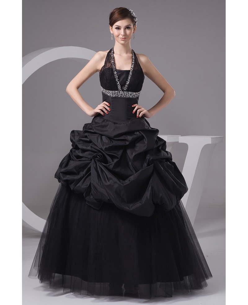 Gothic Sequined Long Halter Black Tulle Wedding Dress