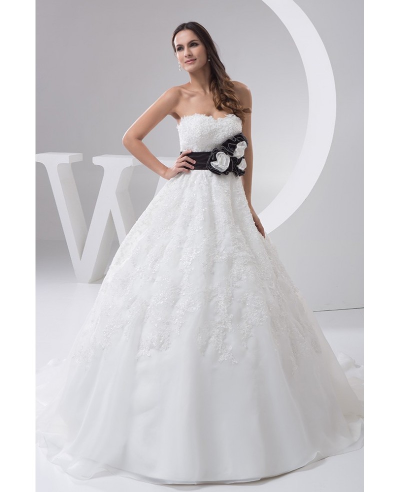 Strapless Beaded Lace Ballgown Wedding Dress with Color Handmade Flower Sash