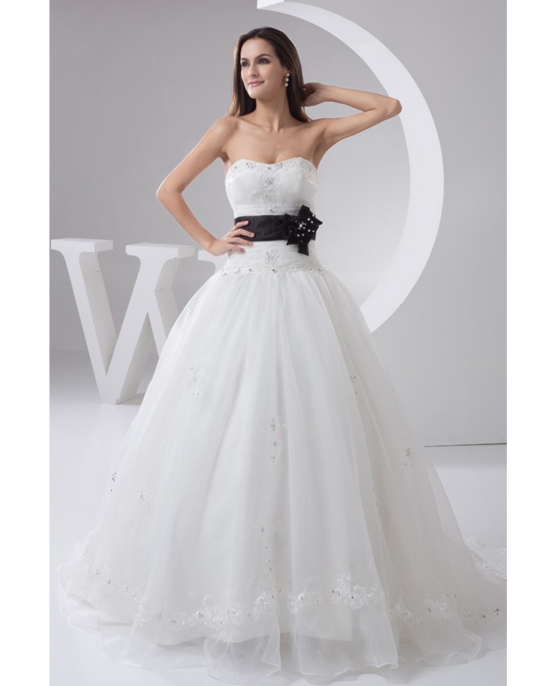 White with Black Sash Long Tulle Wedding Dress with Embroidered Beading