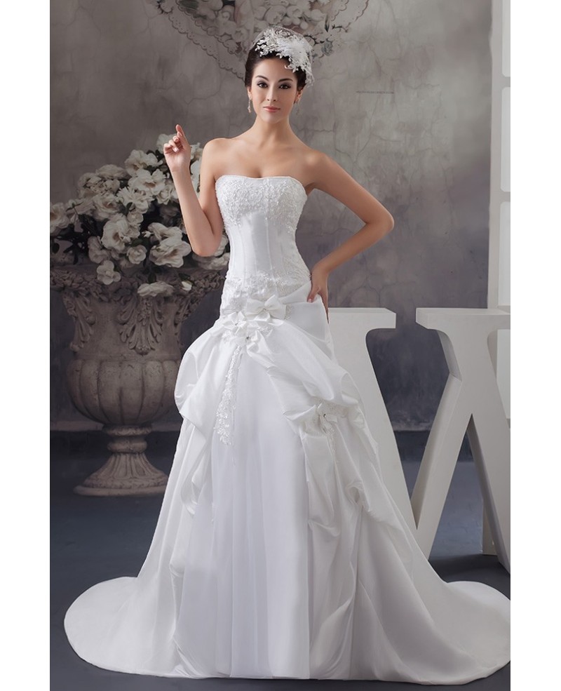 Beaded Lace Strapless White Floral Wedding Dress with Train