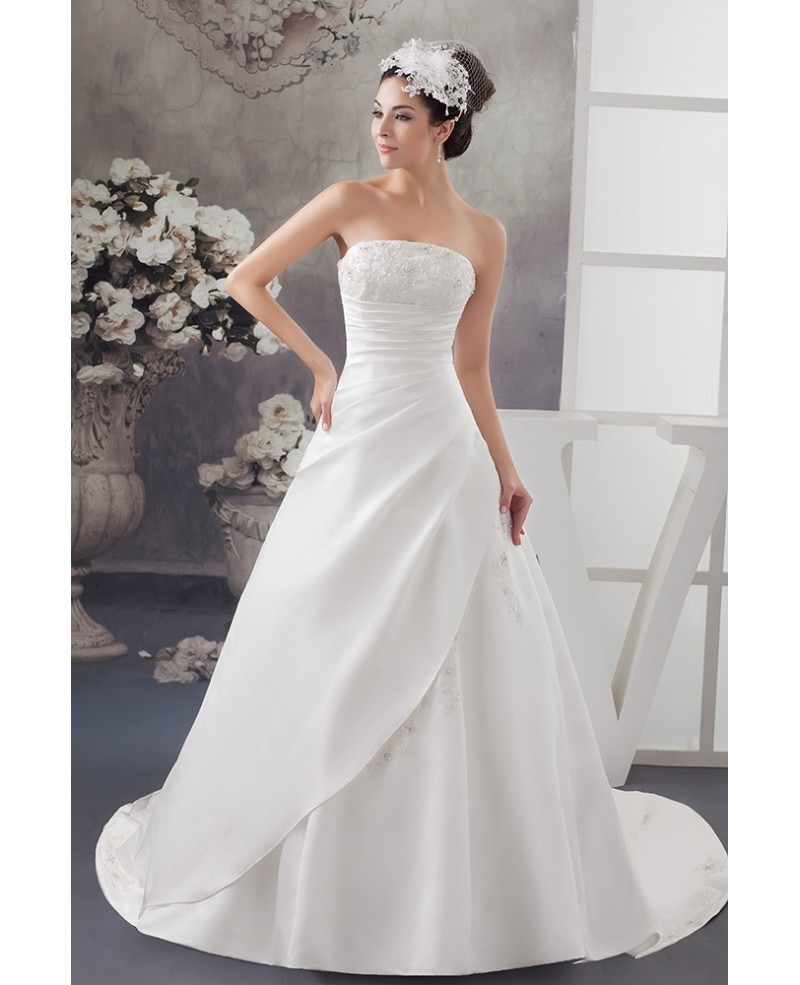 Strapless Lace Pleated Beaded Satin Wedding Dress with Corset Back