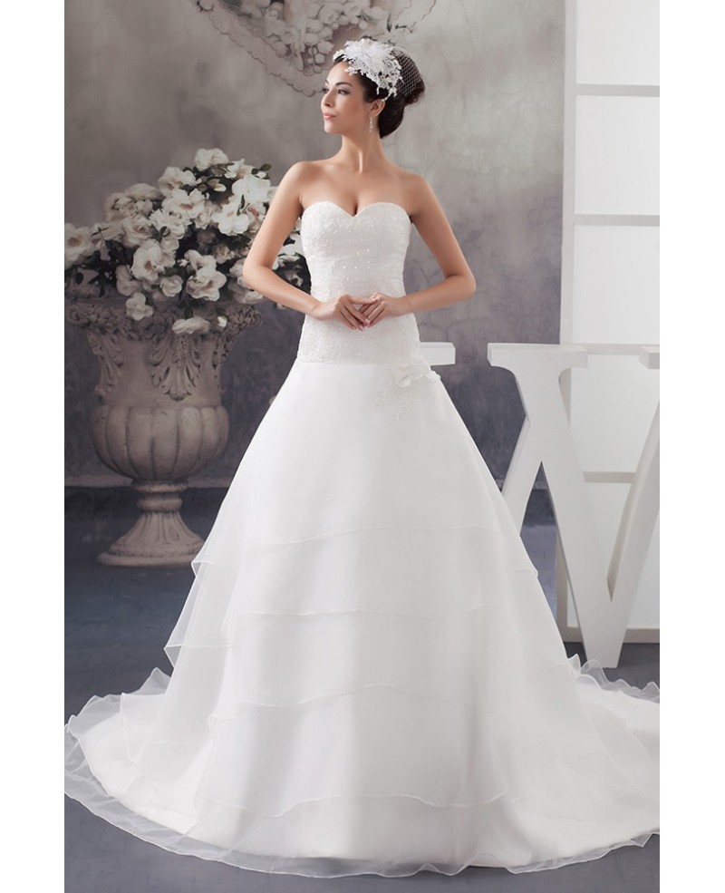 Long Train Sequined Lace Aline Tiered Organza Wedding Dress Sweetheart
