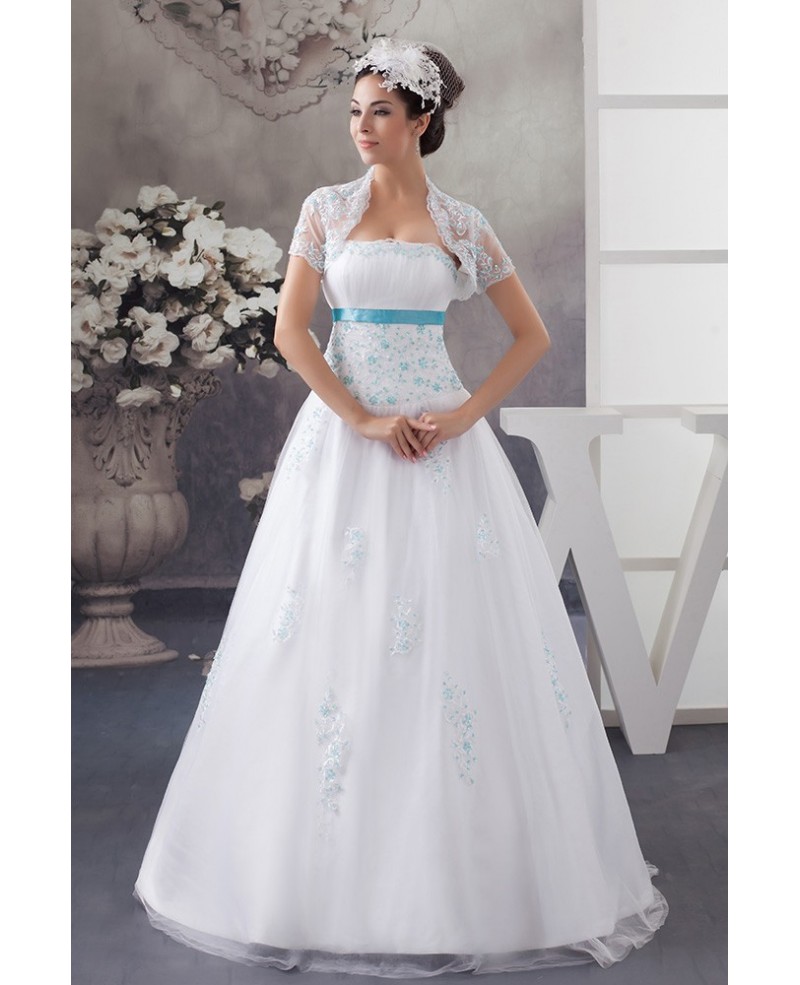 White and Blue Colored Sequins Lace Tulle Wedding Dress with Jacket - Click Image to Close