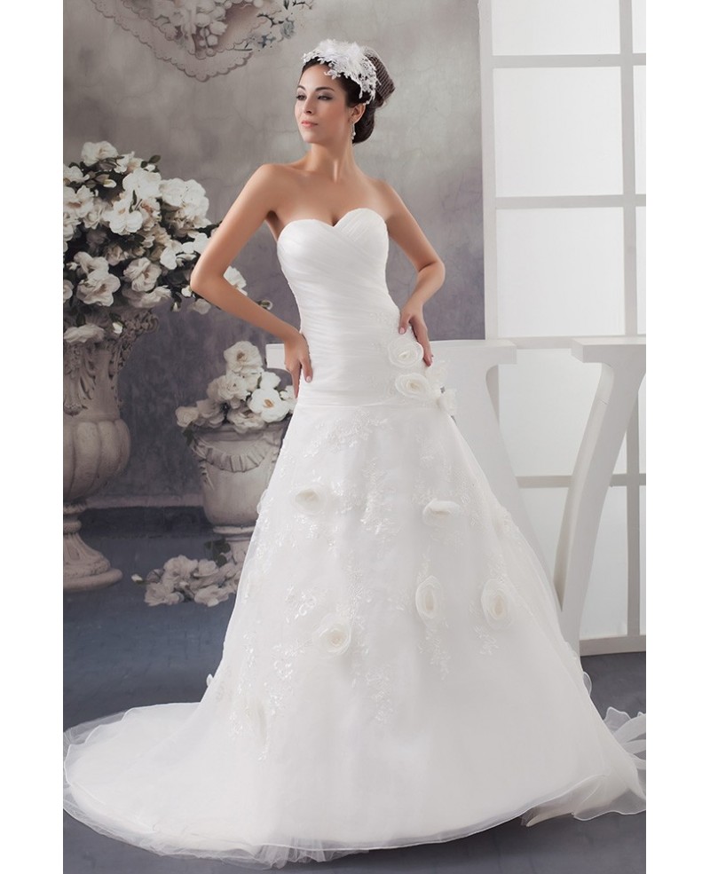 White Sweetheart Organza Lace Pleated Aline Wedding Gown with Handmade Flowers - Click Image to Close