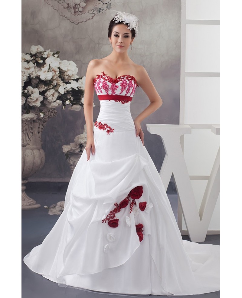 White and Red Flowers Taffeta Lace Color Wedding Dress Sweetheart - Click Image to Close