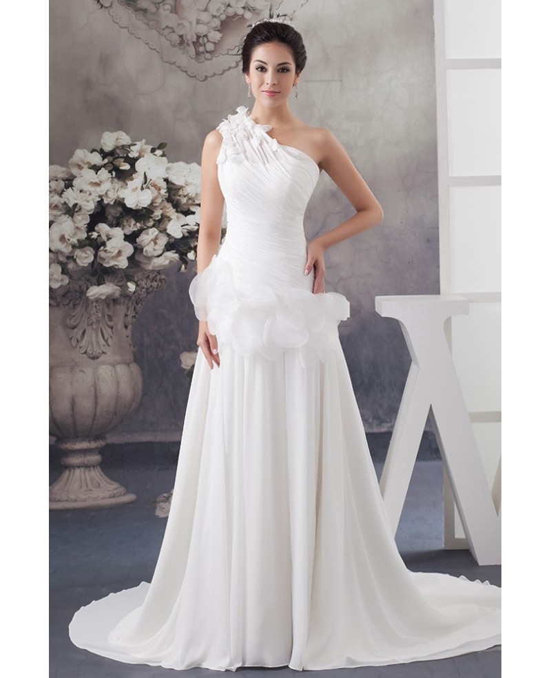 Floral One Shoulder Grecian Chiffon Beach Wedding Dress with Train - Click Image to Close