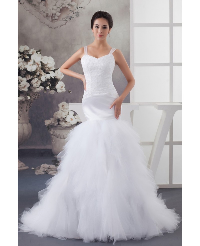 White Straps Mermaid Tulle Wedding Dress with Beading Embroidery