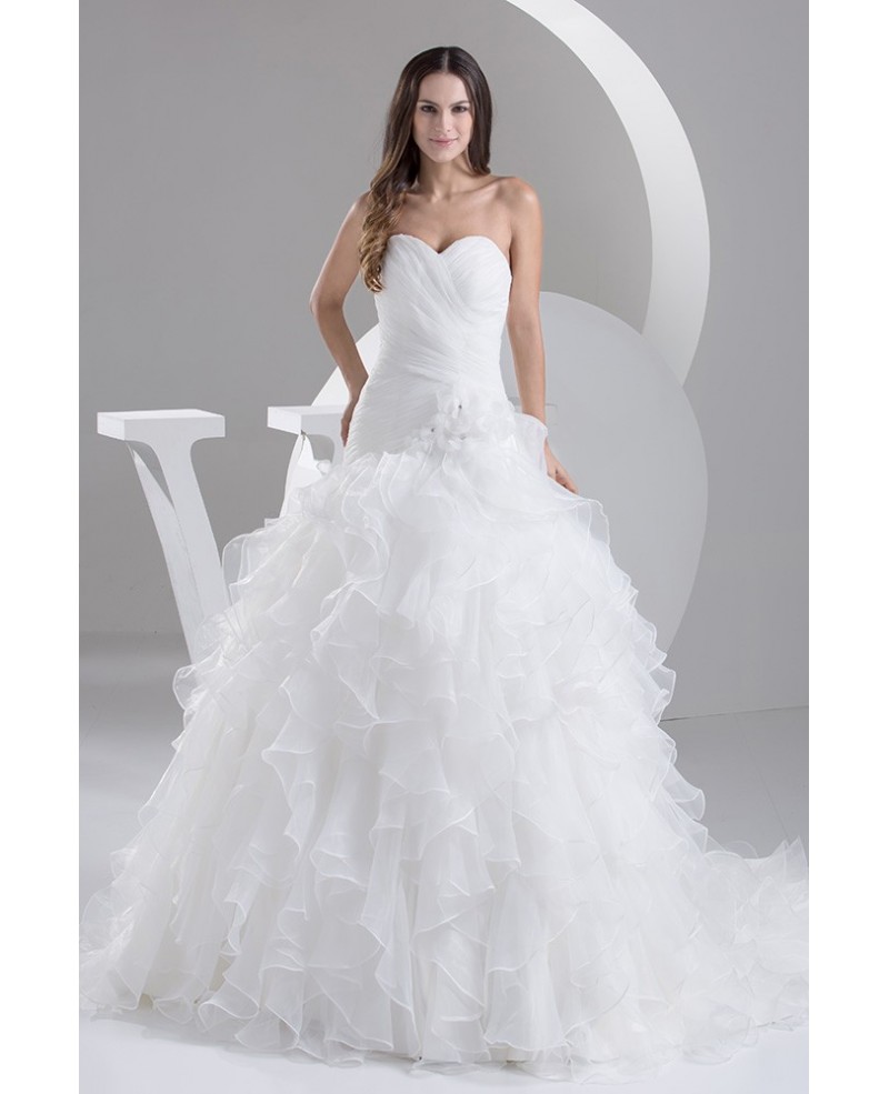 Pleated Sweetheart Cascading Ruffles Wedding Dress with Train - Click Image to Close