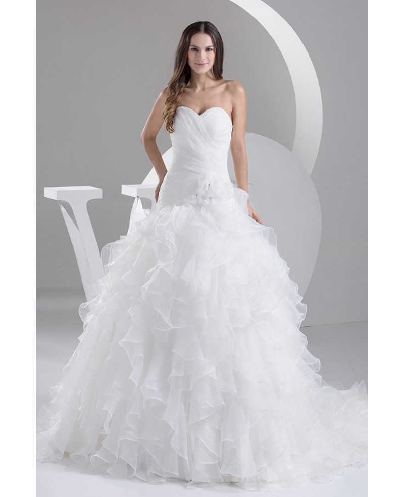 Pleated Sweetheart Cascading Ruffles Wedding Dress with Train