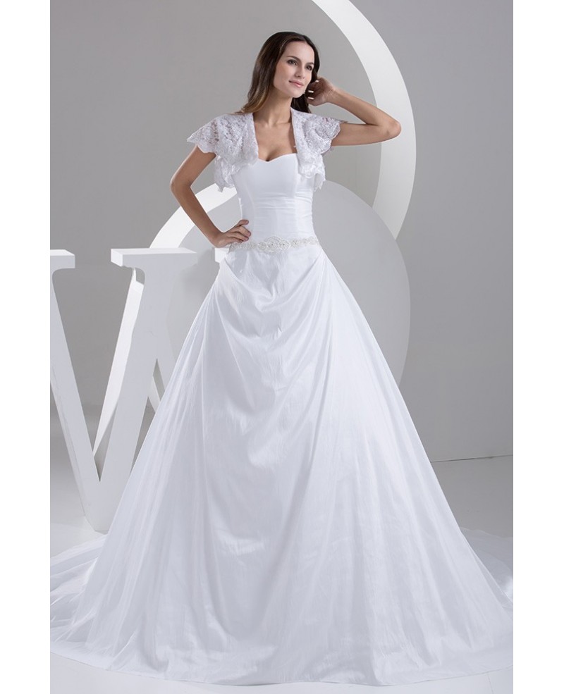 Traditional Taffeta Sweetheart Ballgown Wedding Dress with Lace Jacket