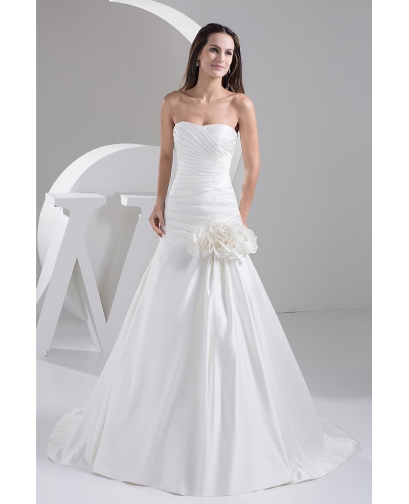 Simple Strapless Pleated Satin Fit and Flare Wedding Dress with Flowers - Click Image to Close