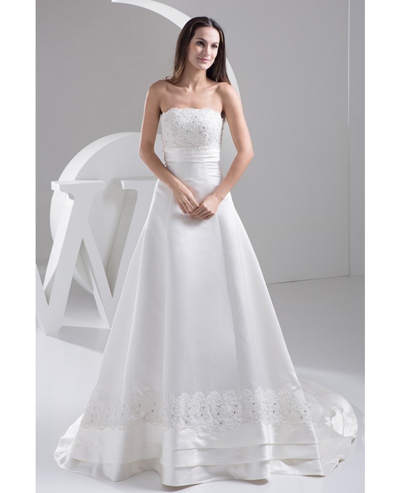 Special Satin with Lace A Line Wedding Dress with Layers Trim - Click Image to Close