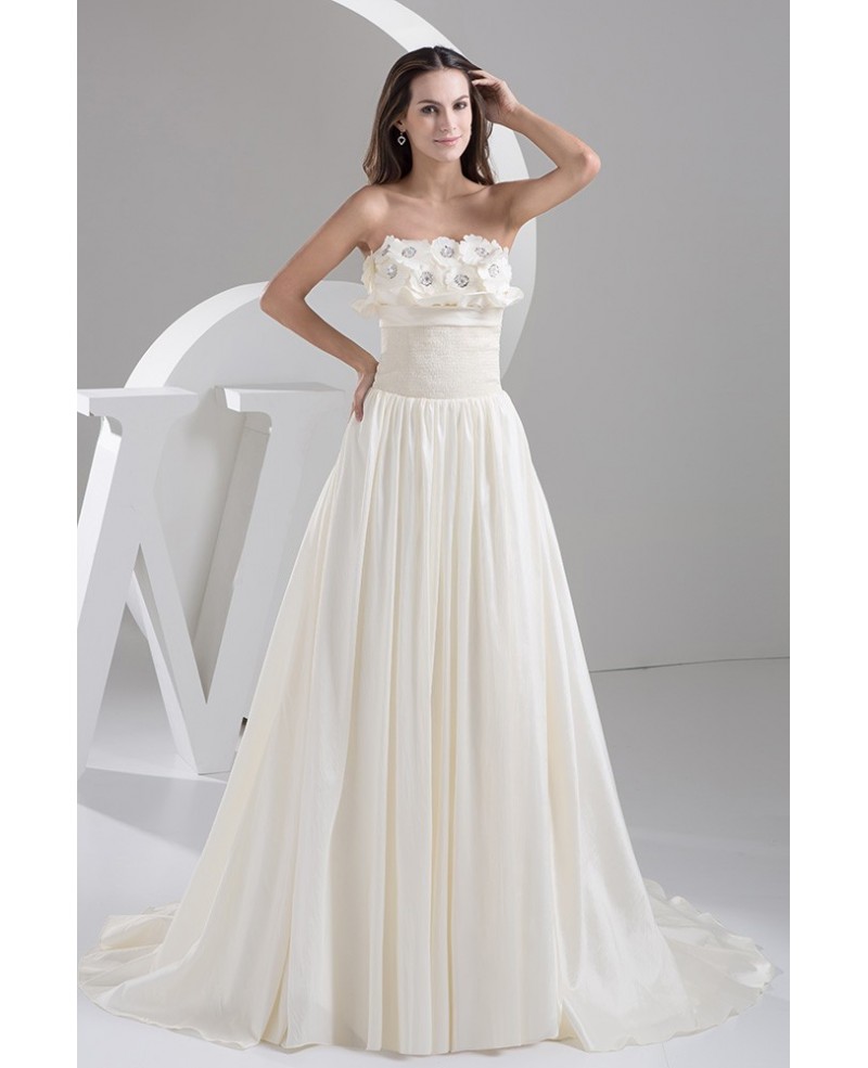 Strapless Handmade Flowers Aline Colored Wedding Dress with Train - Click Image to Close