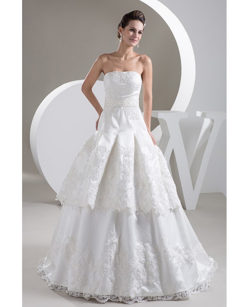 Strapless Lace Beaded Satin Wedding Dress Custom