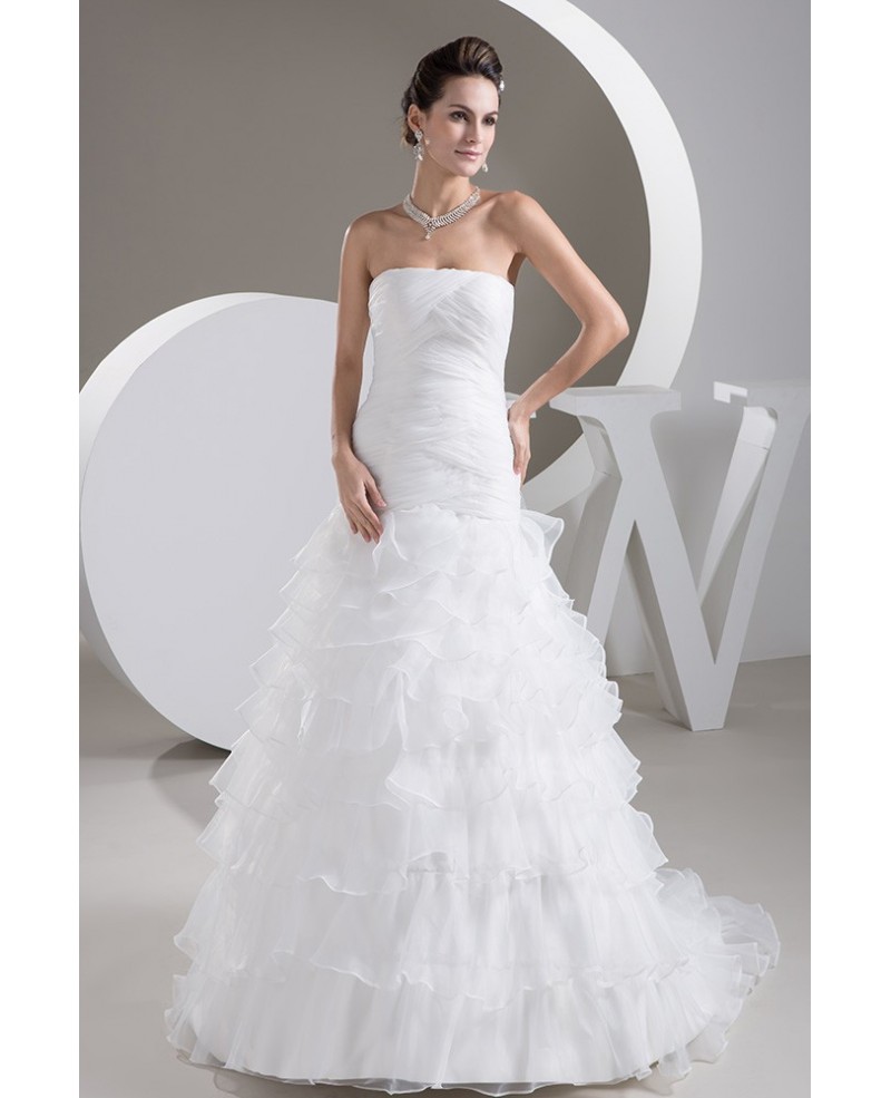 Strapless Cross Pleated Cascading Ruffles Bridal Dress with Little Train