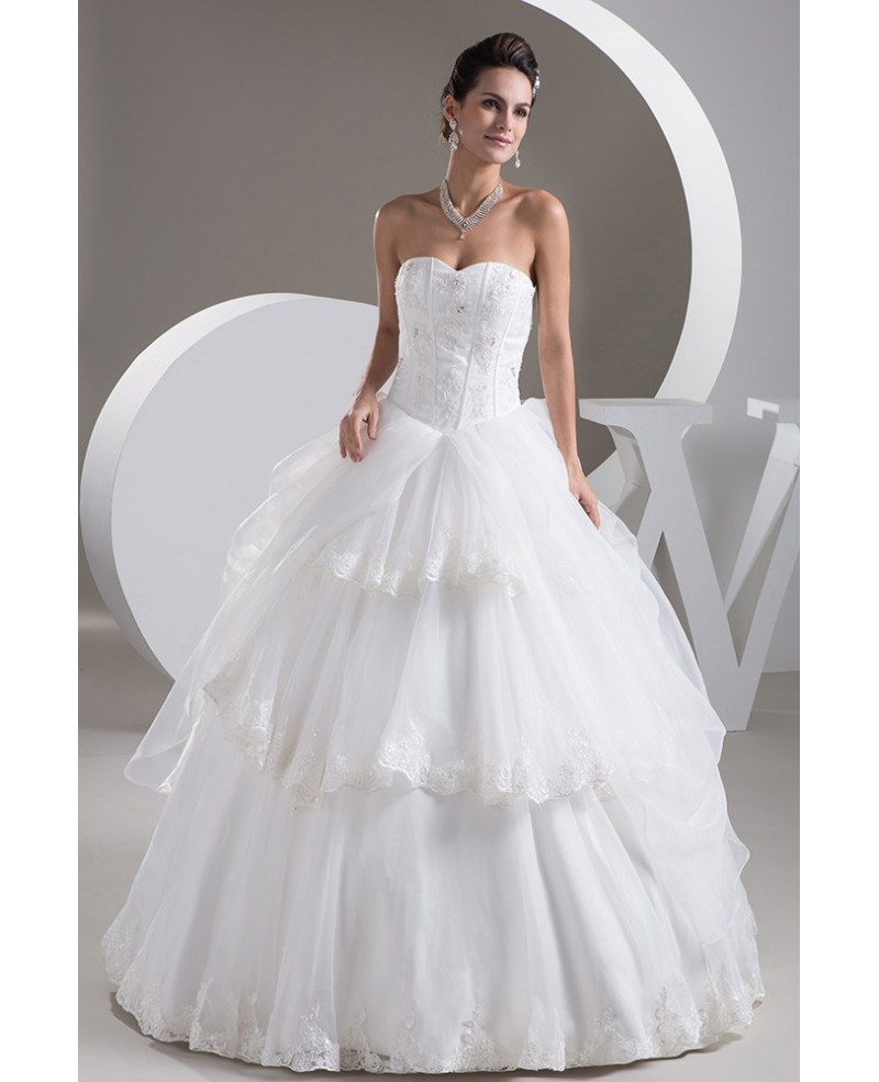 Strapless Sweetheart Ballgown Organza Bridal Dress with Tiered Lace Trims - Click Image to Close