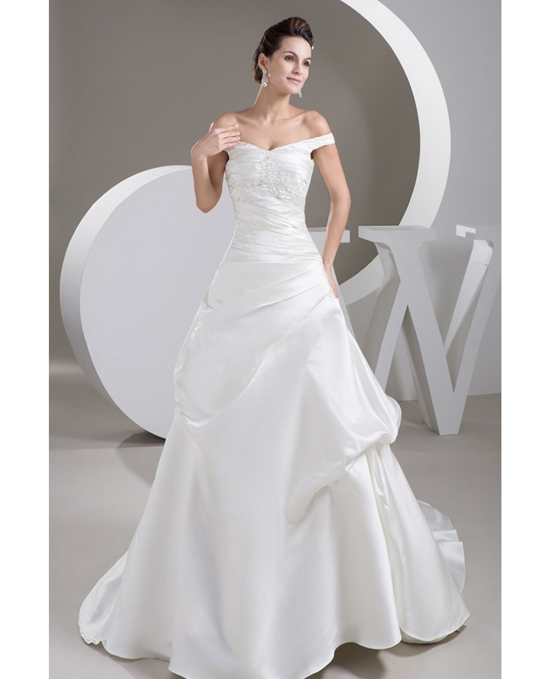 Pleated Satin Off the Shoulder Long Ivory Bridal Dress Corset Back - Click Image to Close