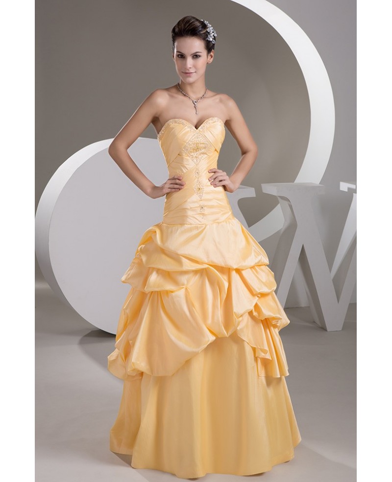 Taffeta Beaded Ruffled Champagne Color Bridal Dress with Sweetheart Neckline