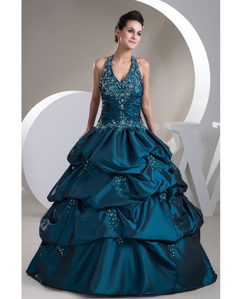 Ink Blue Colored Halter Long Ruffled Taffeta Bridal Gown with Shining Beading - Click Image to Close