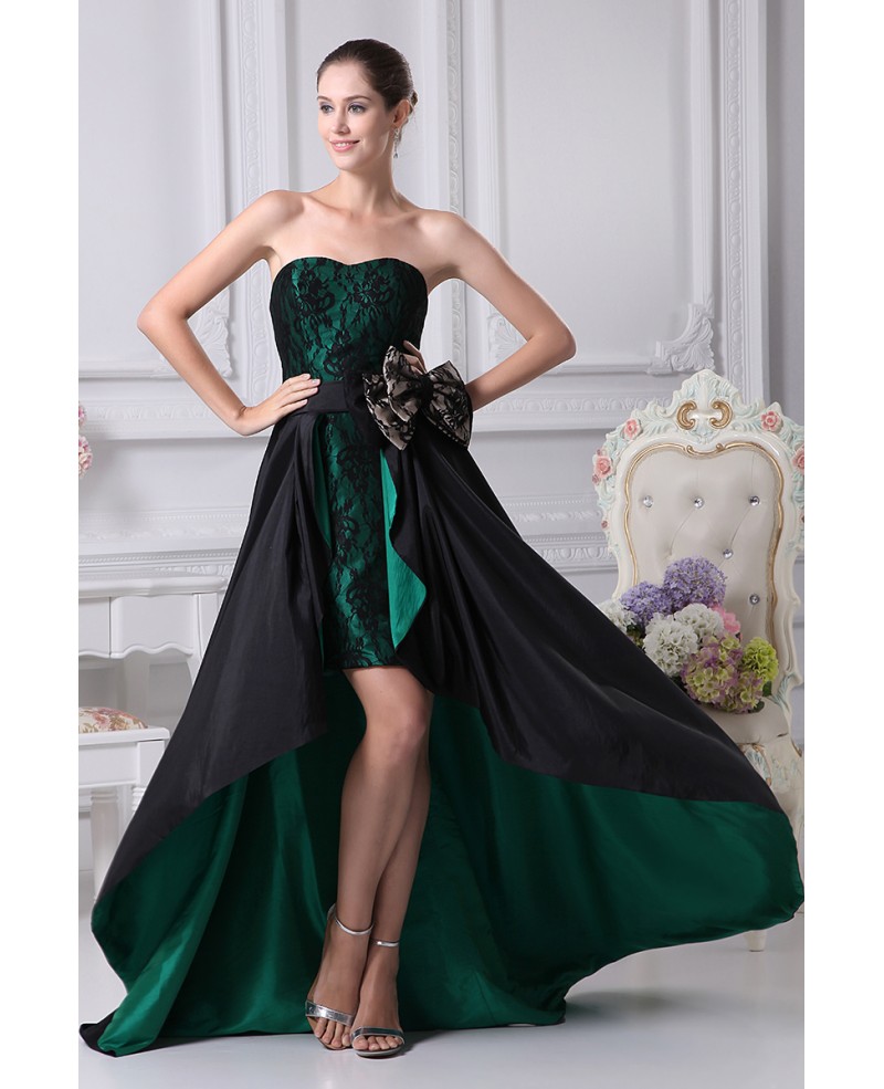 Black and Hunter Green Strapless Lace Bow Wedding Dress in Short Front Long Back