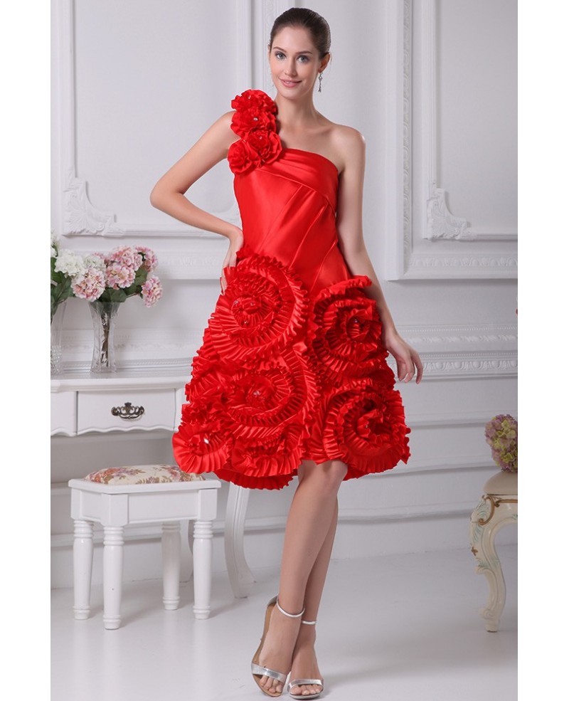 Beautiful Hot Red One Shoulder Scalloped Flowers Wedding Dress in Knee Length