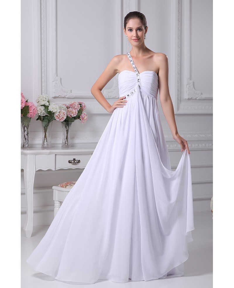 Plain White Pleated Chiffon Bridal Dress with One Beaded Strap