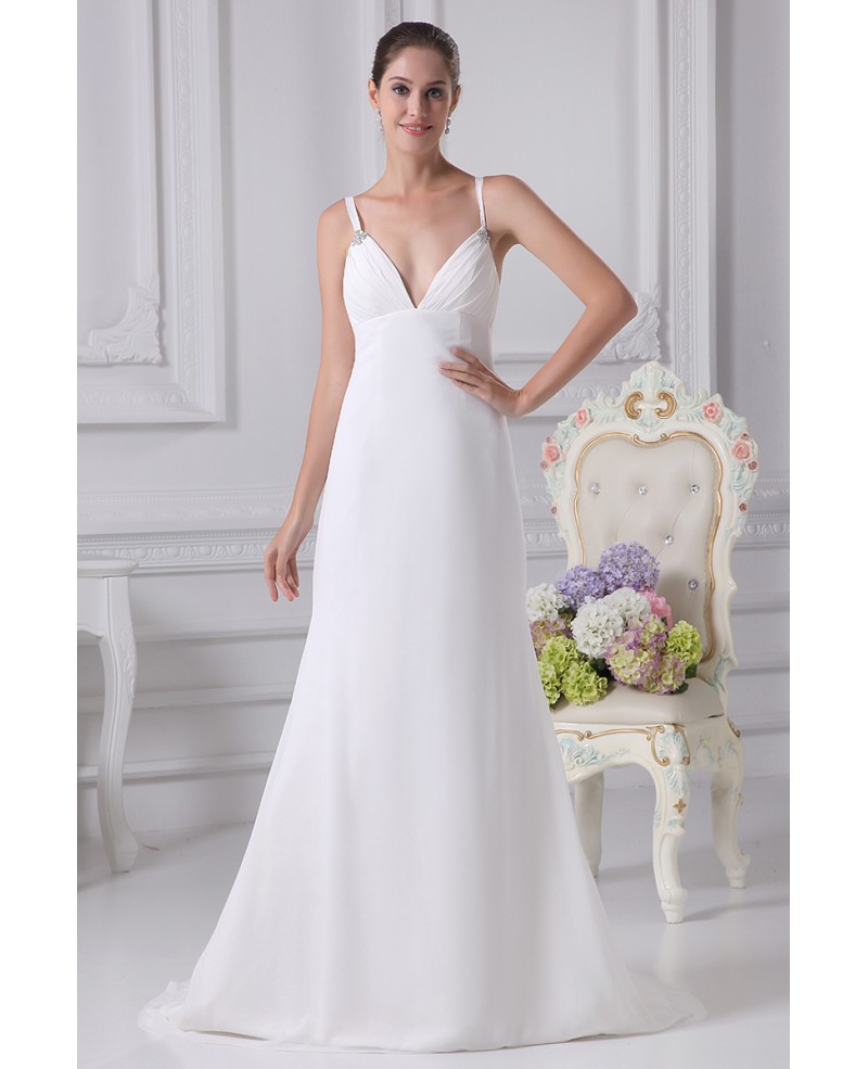 Simple Deep V Chiffon White Train Bridal Dress with Spaghetti Straps