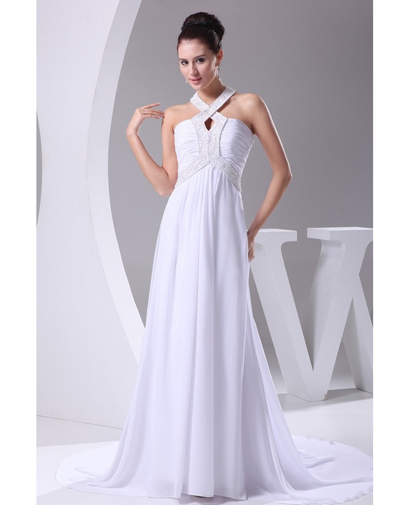 Plain White Long Halter Beading Chiffon Wedding Dress with Train