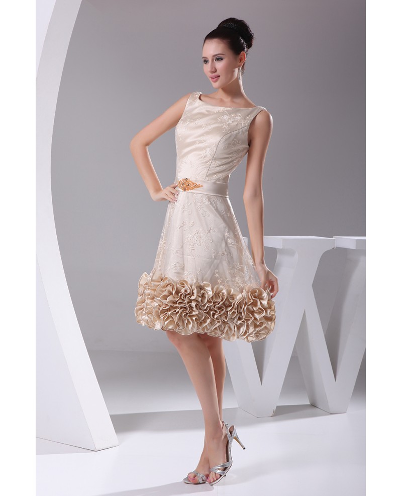 Unique Tulle Lace Short Champagne Formal Dress with Beading Sash