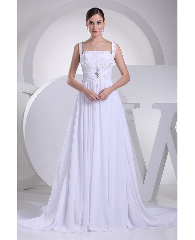 Elegant White Chiffon Beading Ruffled Wedding Gown with Train - Click Image to Close