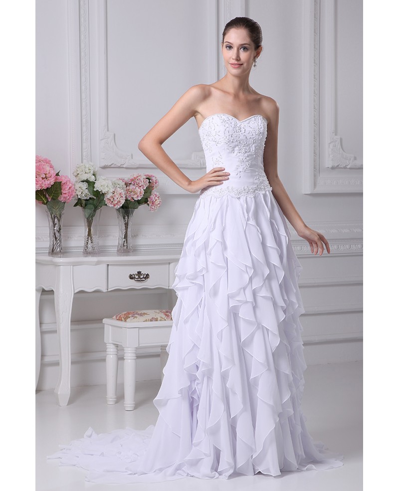 Strapless Sweetheart Embroidery Beaded Cascading Bridal Dress with Train