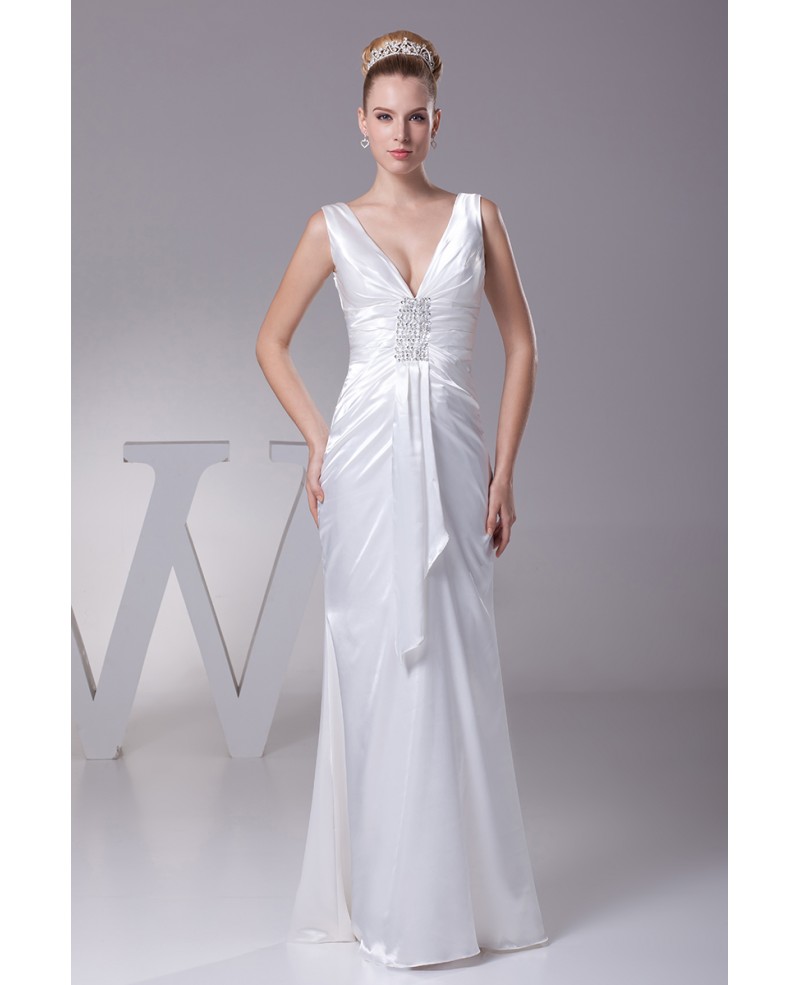 Simple Deep V Satin Beading Bridal Dress Without Train