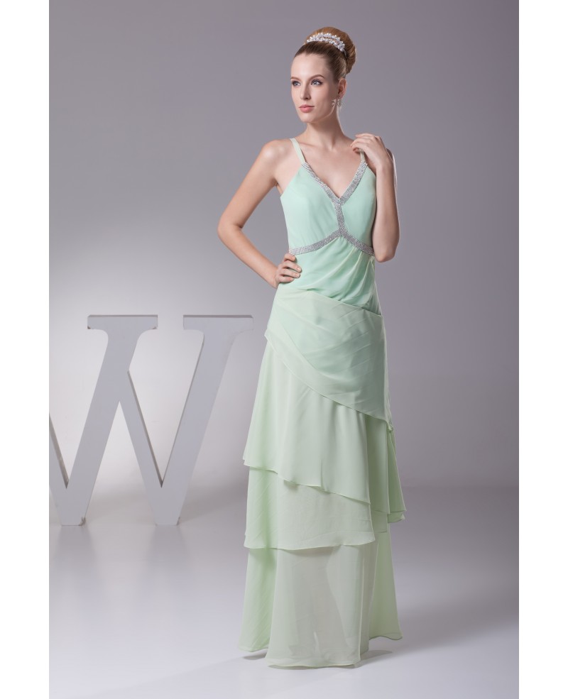 Beaded Long Layered Chiffon Sage Green Mother of the Bride Dress with Spaghetti Straps - Click Image to Close