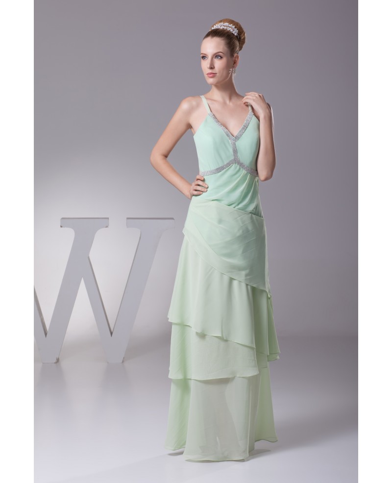 Beaded Long Layered Chiffon Sage Green Mother of the Bride Dress with Spaghetti Straps