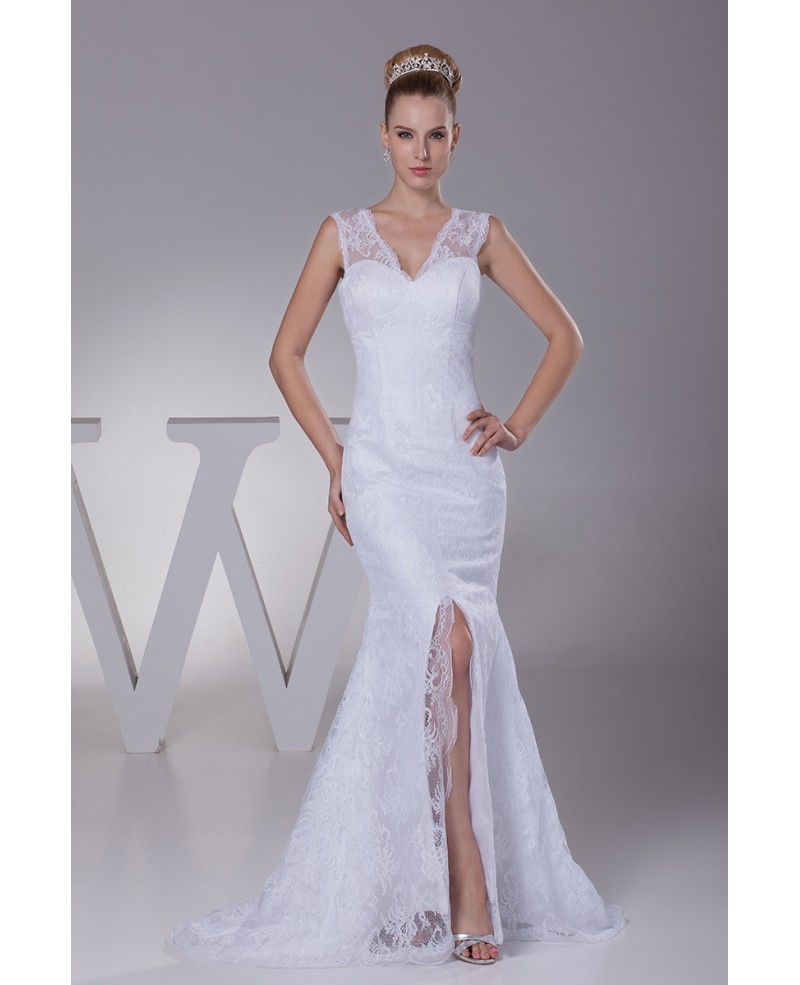 Split Front All Lace Sexy Tight Fit and Flare Wedding Dress with Sweetheart Neckline