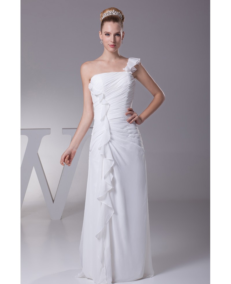 Simple Ruffled One Shoulder Chiffon Long Bridal Dress with Split Front - Click Image to Close