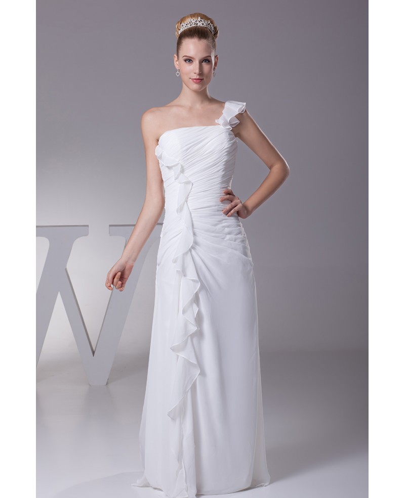 Simple Ruffled One Shoulder Chiffon Long Bridal Dress with Split Front