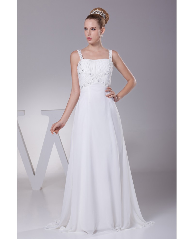 Plain White Beading Straps Long Pleated Wedding Dress with Little Train - Click Image to Close