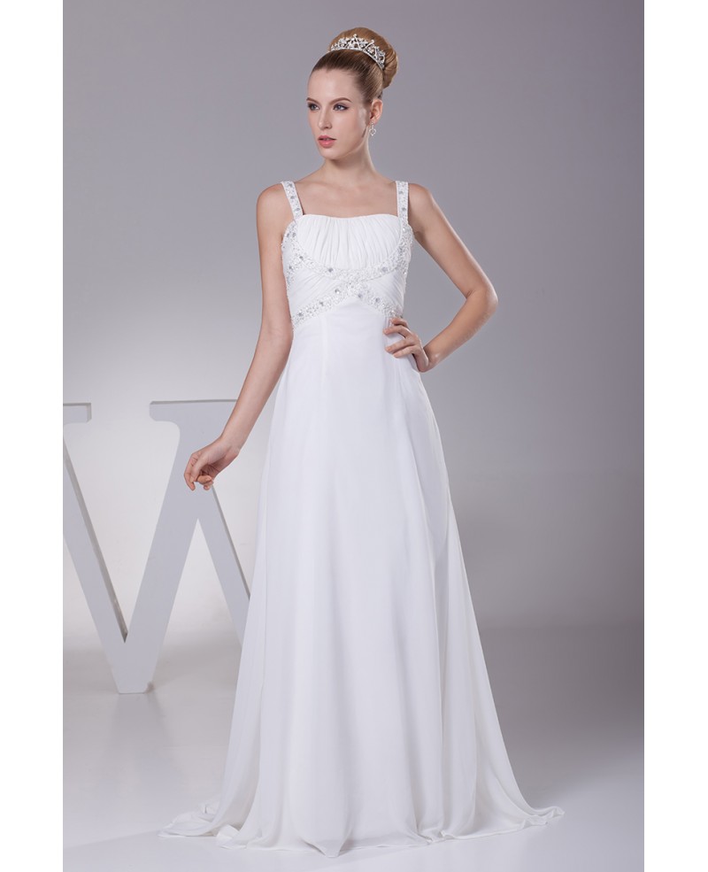 Plain White Beading Straps Long Pleated Wedding Dress with Little Train