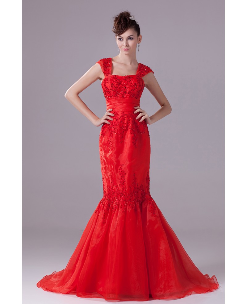 Cap Strap Mermaid Style Beaded Lace Organza Wedding Dress in Red Color