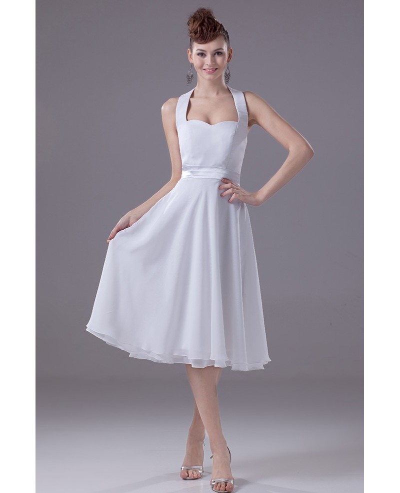 Simple Halter Neck Short White Bridal Dress in Satin and Chiffon