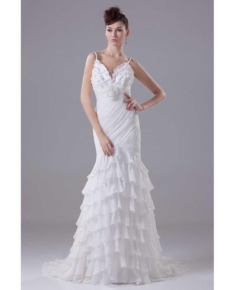 Gorgeous Spaghetti Straps Ruffled Cascading Wedding Dress with Sweetheart Neck