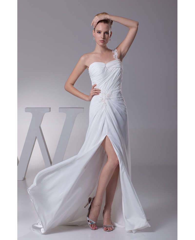 Elegant One Shoulder Pleated Beaded Lace Wedding Dress with Split Front