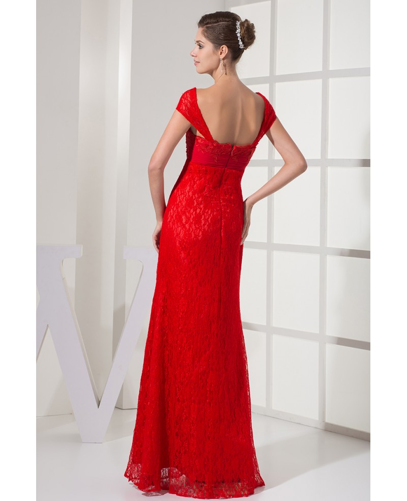 Cap Sleeves All Lace Hot Red Long Wedding Dress with Pleated Chiffon