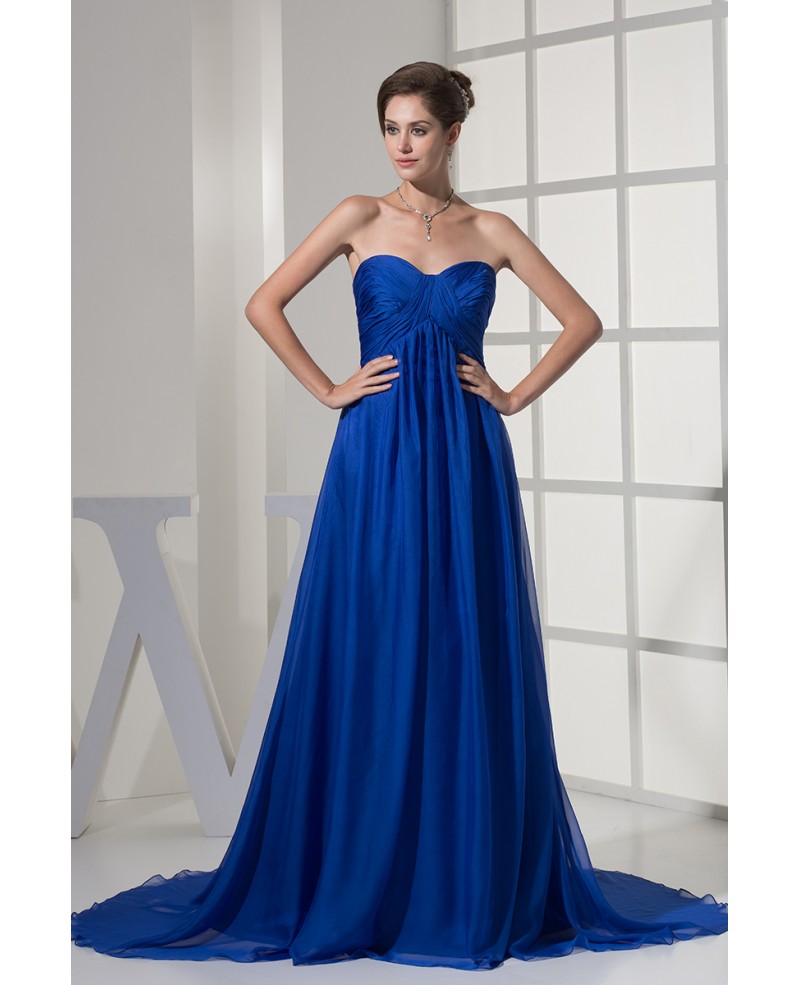 Beautiful Pleated Chiffon Royal Blue Train Bridal Gown with Sweetheart Neckline