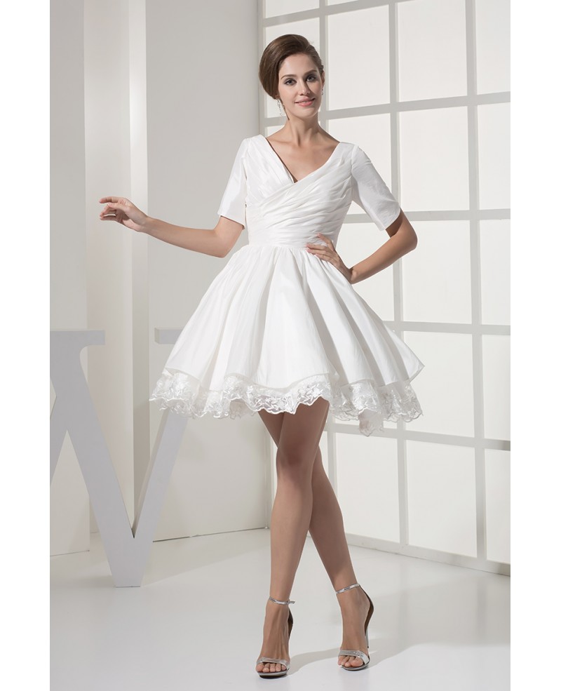 Simple Sweetheart Ruffled Taffeta Lace Short Bridal Gown with Sleeves