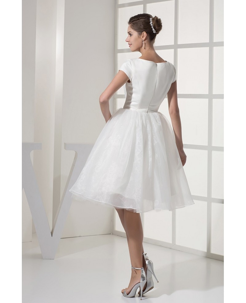 Simple Modest Ballroom Short Sleeved White Wedding Gown in Satin and Organza - Click Image to Close