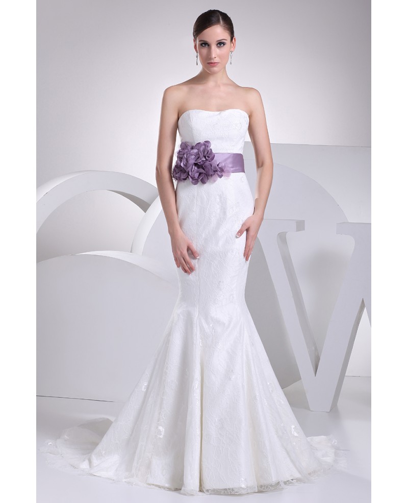 Strapless Mermaid All Lace White Wedding Dress with Purple Floral Sash