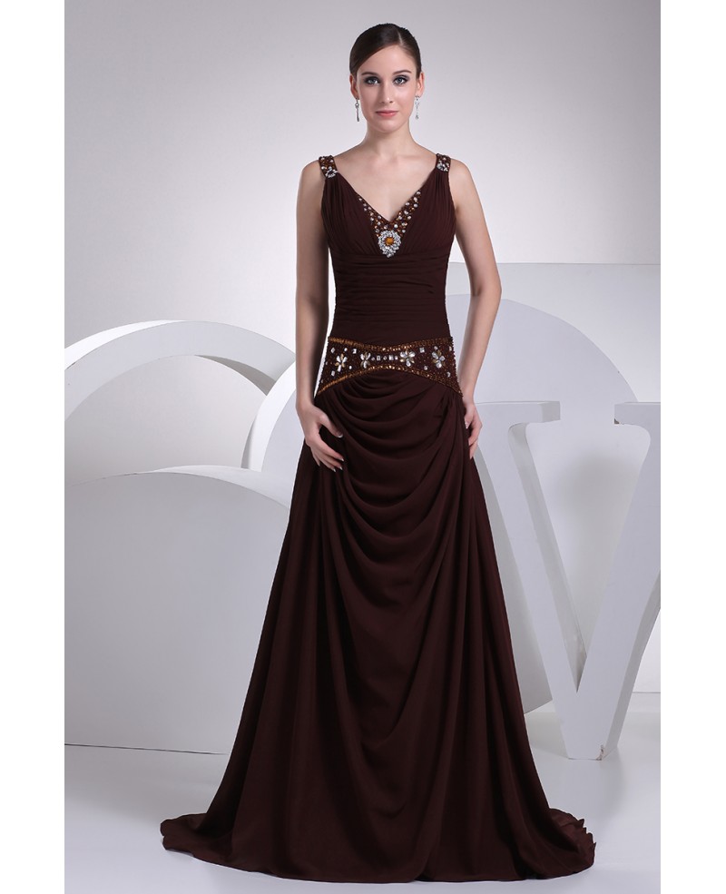 Sweetheart Neck Long Chiffon Chocolate Wedding Dress with Crystals and Beading